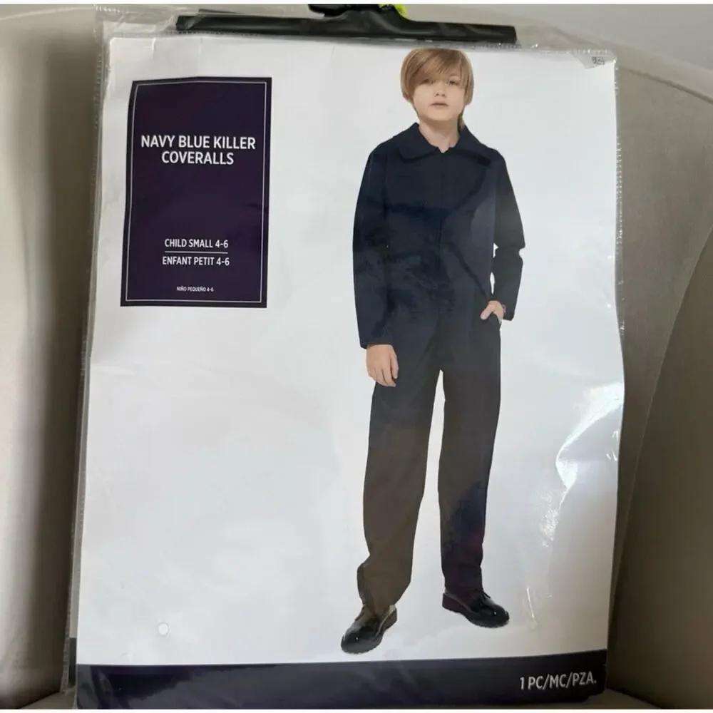 Navy Blue Killer Costume Coveralls for Kids, Size S 4-6 Halloween NWT